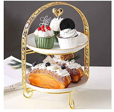Alzata per Dolci, Alzata per Torte in Ceramica, Tavolo da Dessert a Due Livelli con Manico, Alzata per Torte Multiuso per Matrimoni, Feste del tè, Compleanni,