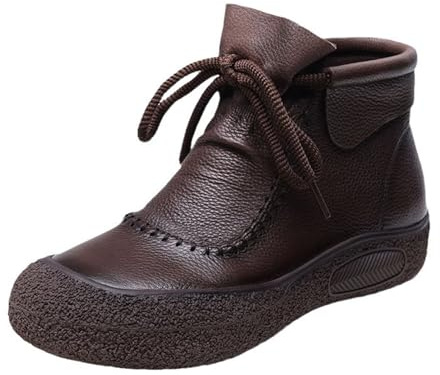 Generisch Women's Ankle Boots Flat Handmade Leather Boots Retro Leisure Short Boots Thick Soft Sole Half Boots Round Toe Lace-Up Boots Non-Slip Winter Boots, Brown, 7 UK