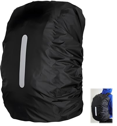 Waterproof Black Backpack Rain Cover M Size 30–40L Reflective Backpack Cover Rucksack Rain Cover, Waterproof Rucksack Cover with Night Safety Strip, Foldable Backpack Cover for Outdoor Hiking Cycling