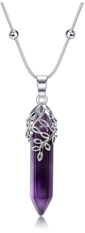 CrystalTears Amethyst Crystal Necklace for Women, Womens Healing Crystals Point Pendant Necklace with Beaded Snake Chain, Trendy Crystal Necklaces Jewellery Gifts for Women Mum Christmas