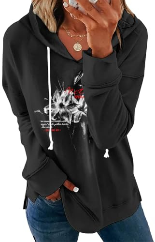 Medlor Women’s Casual Black Hoodie With Artistic Floral Print Pullover Long Sleeve Sweatshirt Cotton Blend Loose Fit Tunic Fashion Top For Fall And Winter Everyday Comfort