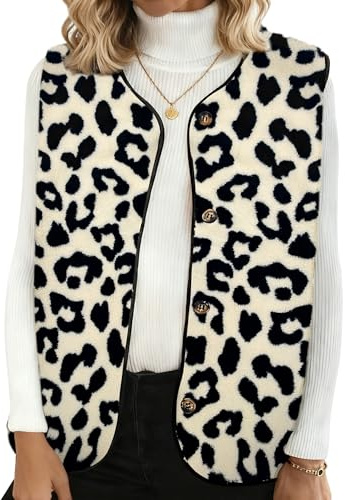 YMIFEEY Veste en polaire en peluche pour femmes sans manches Veste en peluche Veste en fausse fourrure Veste en peluche en tissu Teddy Veste élégante Veste douce pour la transition, léopard, M