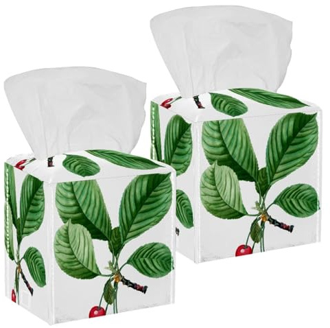 2PCS Square Tissue Box Cover, Cherry Tree Leather Tissue Case Facial Paper Organizer Dispenser for Vanity Toilet Tank Dresser Night Stand Table Countertop Office Car