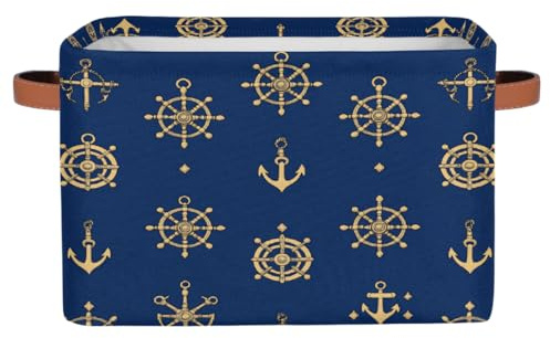 Dusviba Elegante cesto portaoggetti rettangolare con timone marino con manici in pelle, contenitore pieghevole in tessuto per armadio, bagno, soggiorno, ufficio, giocattoli, cesto portabiancheria