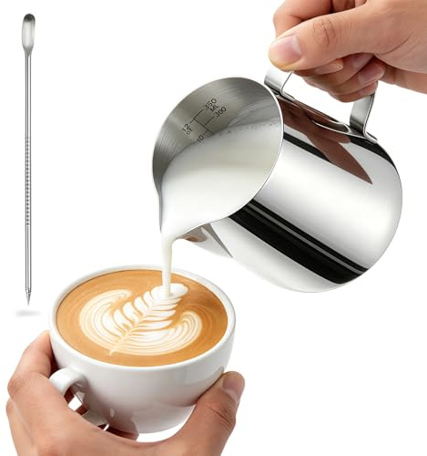 IHONYI Milk Frothing Pitcher – Milk Jug for Coffee Machine with Clear Markings & Decorating Pen, Stainless Steel,Milk Frother Jug & Steamer Cup for Latte Art, Home or Café（350ml ）