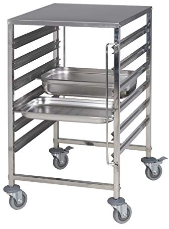 SARO Regalwagen mit Arbeitsfläche – Edelstahl – Für 12× 1/1 GN oder 6× 2/1 GN – 6 Einschübe – 120 kg Traglast – 4 Rollen – 595×670×1025 mm – Modell NOEL