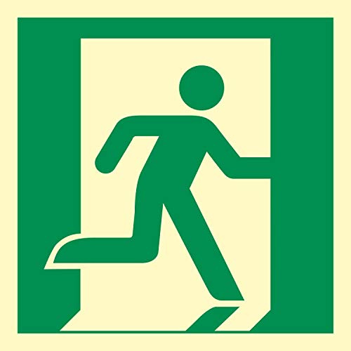 Schild Notausgang rechts Rettungszeichen nachleuchtend 200 x 200 mm | 3 mm Alu-Verbund mit nachleuchtender Folie, langnachleuchtend nach ASR A1.3, wetterfest, Made in Germany