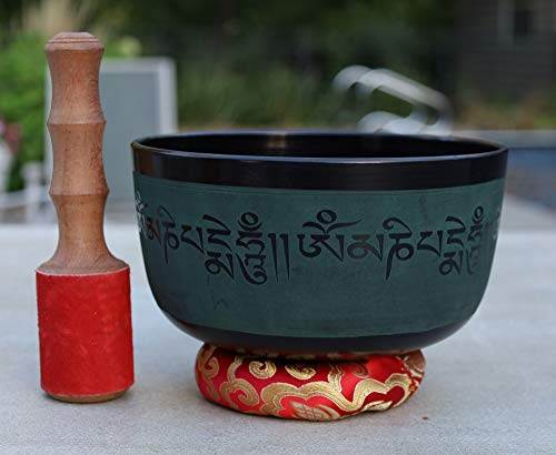 DharmaObjects Large 8 Inches Yoga Meditation Buddha OM Mani Singing Bowl Cushion Mallet Gift Set