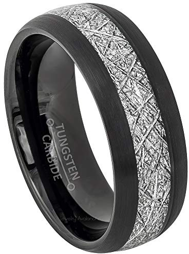 Jewelry Avalanche Meteorite Tungsten Ring, Dome Black Tungsten Wedding with Imitation Meteorite Inlay - s10.5