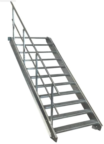 11 Stufen Stahltreppe mit einseitigem Geländer/Breite 70cm Geschosshöhe 165-220cm / Robuste Außentreppe/Wangentreppe/Stabile Industrietreppe für den Außenbereich/Inklusive Zubehör