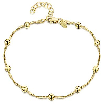 Amberta 925 Fina Plata de ley - 18K Chapado en Oro - Brazalete de Tobillo - 1,4 mm Pulsera de Singapur con Perlas (4 mm) - 22 a 25,5 cm - Ajuste Flexible