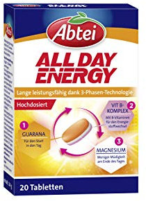 Abtei All Day Energy - Nahrungsergänzungsmittel unterstützend für langanhaltende Leistungsfähigkeit - hochdosiert mit B-Vitaminen, Magnesium und Guarana - 1 x 20 Tabletten