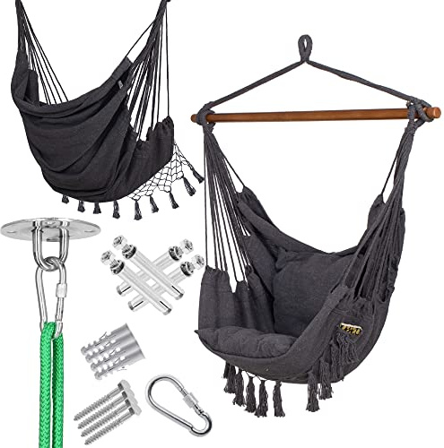 SPRINGOS Chaise suspendue avec 2 coussins pour intérieur et extérieur, salon + kit de montage au plafond jusqu'à 150 kg