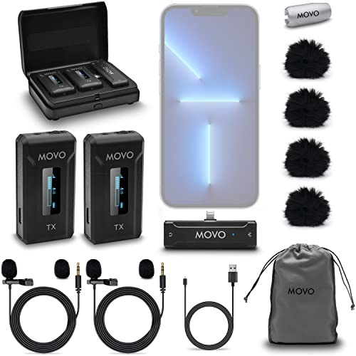 Movo WMX-2-L-DUO Dual Wireless Lavalier Mikrofon für iPhone mit Ladehülle, Onboard Mikrofone, Clip on Lapel Mics, 100m Reichweite, einstellbare Verstärkung – iPhone Mikrofone für Videoaufnahmen