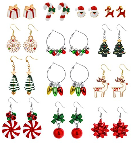 13 Paar Weihnachtsohrringe Damen Weihnachtsanhänger Schleife Knoten Schneeflocke Glöckchen Rentier Ohrringe Damen Mädchen Süße Weihnachtsgeschenke für Weihnachtsfeiern weihnachten