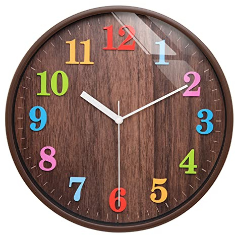Topkey Reloj de pared redondo silencioso de 12 pulgadas para niños, sin tictac, números arábigos coloridos, fácil lectura para sala de estar, dormitorio, escuela y guardería, batería no incluida,