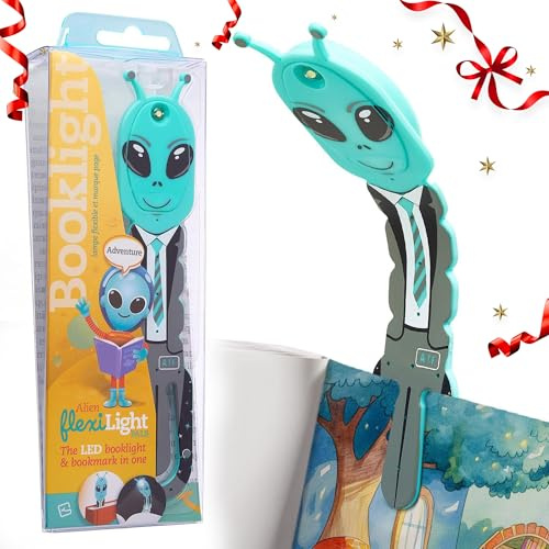 Gifts for Readers & Writers Book Light for Kids, Clip On Reading Light for Bed, 2in1 Flexilight Pals & Bookmark, Small & Lightweight with a Soft Glow, 2 Batteries Included, Alien Teal