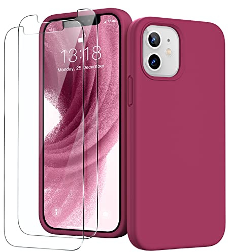GOODVISH 3 in 1 Cover in Silicone per iPhone 12 Mini 5,4, con 2 Pezzi di Pellicola Protettiva, Silicone Liquido Custodia per Cellulare con Morbida Microfibra Antiurto,Rosa Rossa