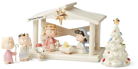 Lenox Peanuts The Christmas Pageant & Creche 8-teiliges Set, 0,00, Mehrfarbig, 8 Stück | Porzellan mit 24 Karat Gold-Akzenten, inklusive 6 Figuren, Baum und Krippe, Erdnüsse Krippen-Sammelstück