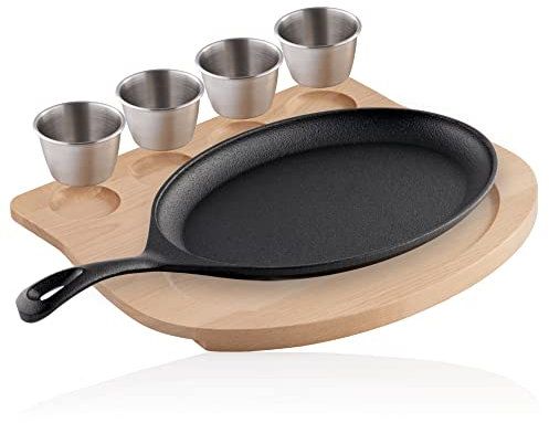 BBQ-Toro Padella in ghisa con ciotole in acciaio inox e base in legno, 24 x 17,5 cm, ovale, già bruciata, preseasoned, set di padelle, padella in ghisa