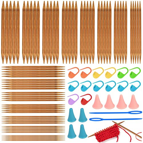 DOUSELLA 15 Größen Stricknadel Bambus Set Doppelspitzig Handarbeit Stricknadeln mit Maschenmarkierer Kunststoff Nadeln Holz Stricknadeln Set Handarbeit Nadelspiel Set für Socken Handschuhe Schals