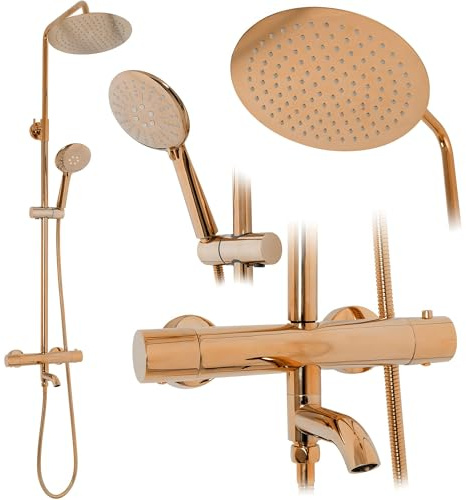 Rea Duschsystem mit Thermostat Lungo Rose Gold Duschset Duscharmatur mit Duschkopf und Kopfbrause aus Messing Duschgarnitur für Badezimmer (Rose Gold)