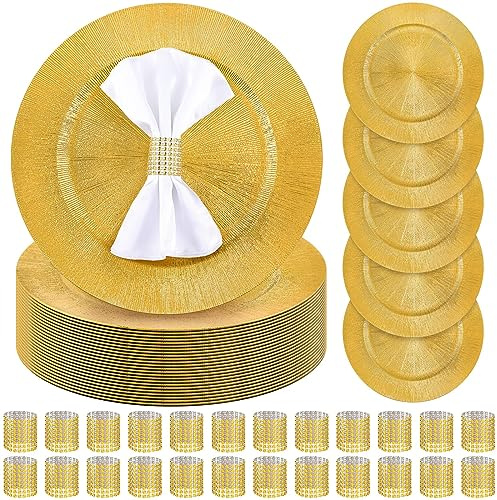 Tanlade 24 Sets Gold Charger Plates Set Plastic Plate Chargers with Napkin Rings 13 Inch Round Bulk for Dinner Table Wedding Event Party Decoration