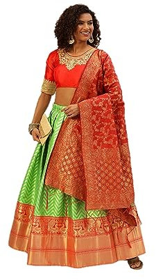 HSD Lehenga choli con dupatta indio boda fiesta desgaste lehenga para mujer totalmente cosido, Verde lima y rojo, Small