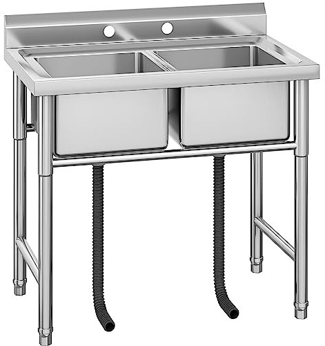 YITAHOME Kitchen Commercial Restaurant Sink Portable Floorstanding Catering Sink Stainless Steel Outdoor Double Bowl Station Utility for Hotel Home Bar Laundry Room Basement Garage