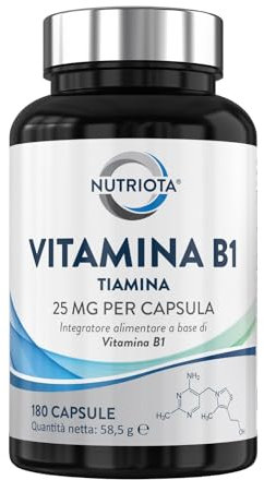 Vitamina B1 (tiamina), 25 mg per capsula, 180 capsule di vitamina B1 ad alto dosaggio, adatta ai vegani, integratore alimentare a base di tiamina – prodotto da Nutriota