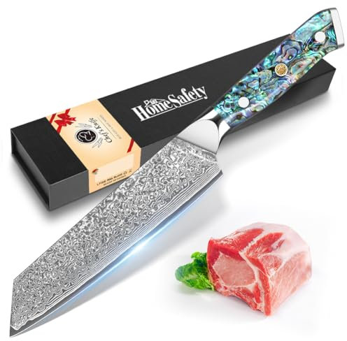 Home Safety Coltello damascato Kiritsuke con lama estremamente affilata da 19 cm in 67 strati VG-10 in acciaio damascato, coltello da cucina damascato, coltello da carne, manico abalone, confezione