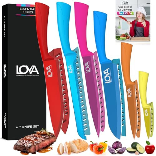 Professional kitchen knives Set of 6, Silver High-Carbon Stainless Steel Blades with Non-Stick Coating, Ergonomic Handles, Protective Sharp Knife Set of Chef, Slicing, Bread (Colour Knife Set)