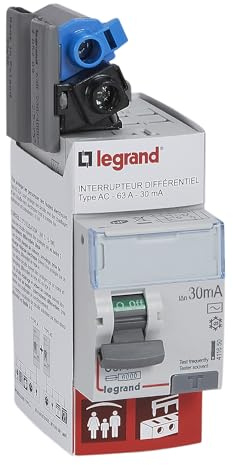 Interruptor diferencial bipolar 230V~ Tipo AC 63A sensibilidad 30mA llegada alta y salida alta por terminales de tornillo - 2 módulos acepta el paso del peine de alimentación