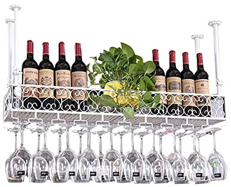 Deckenregal Decken Weinregal Decken-Weinregal aus Eisen, höhenverstellbar, industrieller Weinflaschenhalter aus Metall, weißer Stielglashalter, dekoratives Aufbewahrungsregal für Restaurants/Bars/Zuh