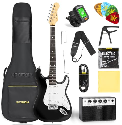 STRICH Electric Guitar Beginner Kit, Solid Body 39 Full Size Electric Guitar SSS Pick Up for Starter, with 5W x 2 Amp, Bag, Digital Tuner, Capo, Strap, String,Cable, Picks, SST-S10 Black