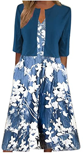 Keepink Two Piece Dress Suits for Women UK Printed V-Neck Sun Dresses with Half Sleeve Cardigan Tops Set Elegant Summer Outfits Work Office Wedding Guest Bridesmaid Dresses UK 8-16