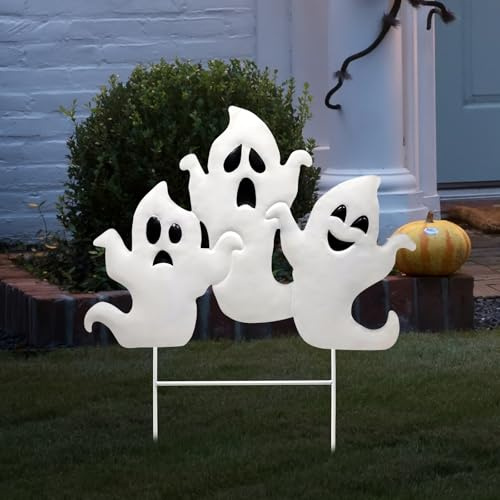 YiYa Halloween Deko Outdoor Metall Weißes Geist Halloween Dekoration Dekor Außenhof Schilder mit Pfählen Horror Gartendeko Decoration für Drinnen und Draußen, Hof, Rasen