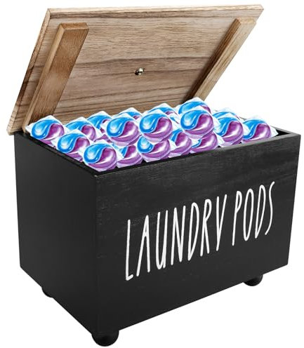 KTCINA Laundry Pods Storage Container with Lid, Wooden Dishwasher Pod Holder Laundry Storage Containers Laundry Detergent Storage Laundry Pod Container for Washing Pods, Scent Booster(Black)