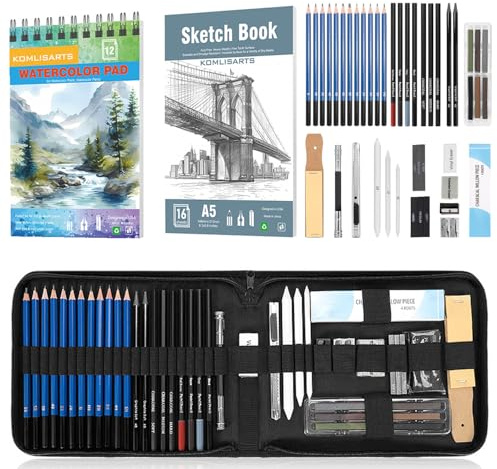 KOMLISATS 48-Piece Pro Drawing Kit mit Pencils und Charcoal Sticks, Sharpener und Eraser - Kunststoff für Künstler, Anfänger, Erwachsene und Teenager