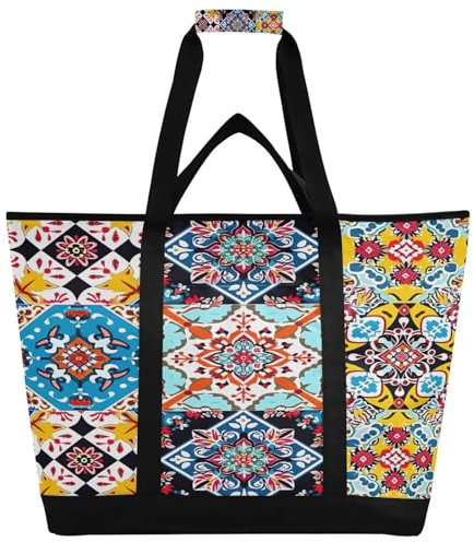JUMBEAR Schöne große Kühltasche aus Keramikfliesen im mexikanischen Stil, isolierte Lebensmittel-Liefertasche, faltbare Lunchtasche, auslaufsichere Kühltasche, Tragetasche für Strand, Camping,