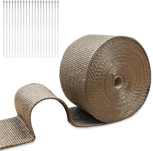 AggSound 15m×10cm Hitzeschutzband Auspuff, Titan Auspuff-Isolierband aus Basaltfaser, Golden Auspuffband mit 20 Kabelbinder Edelstahl(30cm), für Auspuff von Motors und Autos