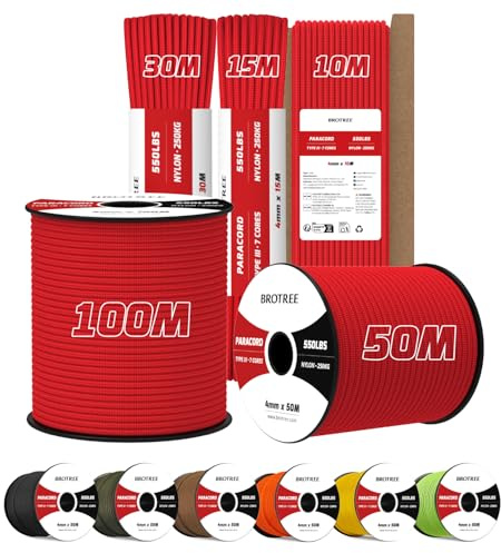 Brotree Paracord 550 4mm 10M 100% Nylon Seil Schnur Typ III mit 7 Stränge | 250kg (550lbs) Bruchlast, Survival, Outdoor, Armbänder, Hundeleine