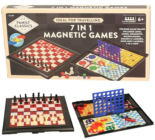 7-in-1 Magnetic Travel Board Games Set, Chess, Draughts, Ludo, Snakes & Ladders, Backgammon, Nine Men's Morris, 4-in-a-Row, for Ages 6+, Black and White