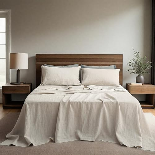 QKTE 100% Natural Linen Sheets Set 4 Piece - Washed Linen Bedding Set with 16 Deep Pocket Fitted Sheet, Flat Sheet & 2 Pillowcases, Breathable Durable for All Seasons (Linen, Queen)