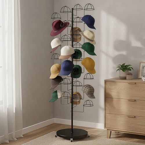 HEOTJUUQ Metal Hats Display Rack with 30 Adjustable Hooks Floor Hat Rack Stand Hat Rack Display for Home Retail Store Hat Organizer Rack for Wig Cap(Black)