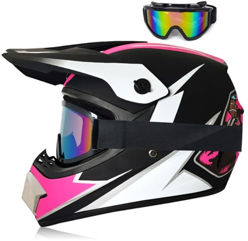 MODRYER Motocross Helm Mit Brille, Kinder Erwachsene Downhill Motorradhelm ECE Crosshelm Mopedhelm Für MX Enduro Quad ATV Dirt Bike Off Road MTB BMX,Pink-M