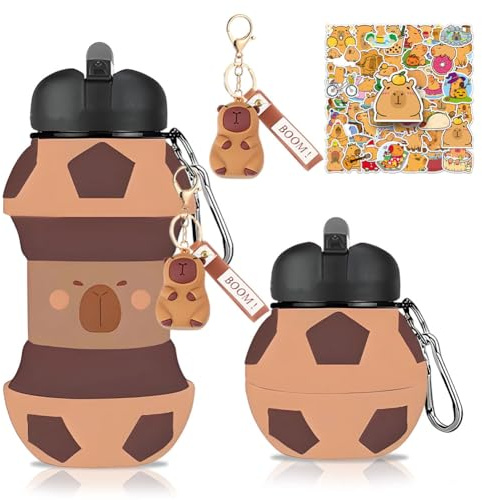 OPVXZAD Botella de Agua Plegable de Silicona, Capybara Botella Agua Silicona Diseño Fútbol,550 ml,Sin BPA,Plegable, A Prueba de Fugas,Para Niños y Niñas con Llavero & Stickers de Capybara