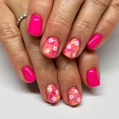 Short Square False Nails, Glossy Pink Floral Press-On Manicure Tips | Bright Solid Colour, Peach Blends And Small White Blossoms, Coordinated Look For Daily Wear, Parties And Weddings