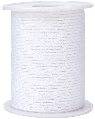 SOFPLATE Rollo de Mecha de Algodón para Velas (61 m/200 pies) Mechas Largas para Hacer Velas con Carrete Color Blanco de 2mm Tejido Plano Suave para Lámpara de Aceite Cordón de Hilo para Manualidades