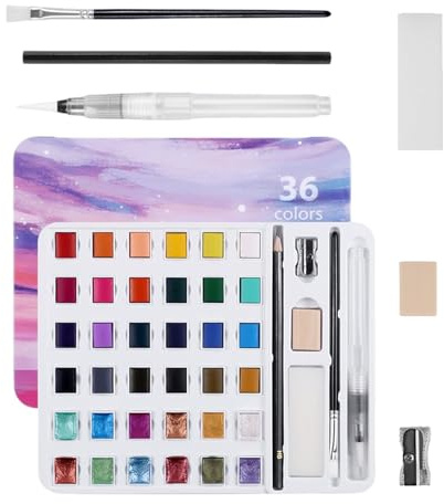 Aquarellfarben-Set für Erwachsene, 36 Farben, Aquarell-Palette, Set mit Farben, Pinsel und Stiften für Anfänger, Erwachsene und Anfänger, Erwachsene, Klassenzimmer, Outdoor, Reisen, Café Pro